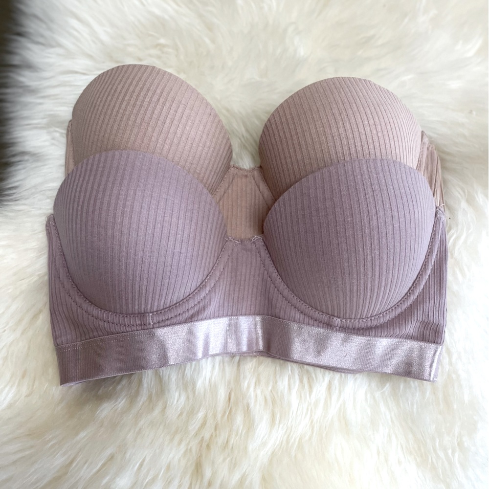 Tahari Set of 2 Neutral Beige Taupe Ribbed Push Up Strapless Bras 34B